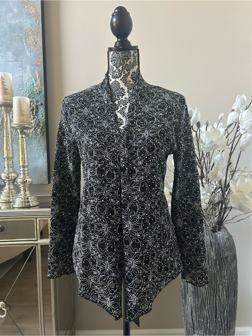 Shannon Ford New York Women's Lace Black & Silver Embellished Open-Front Cardiga